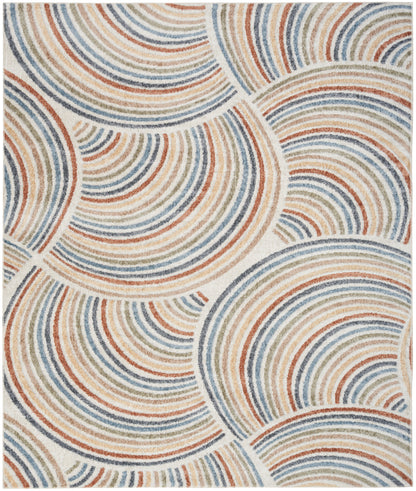 Abstract circular rug with overlapping concentric arcs in orange, blue and cream; woven flat-weave, modern coastal decor.