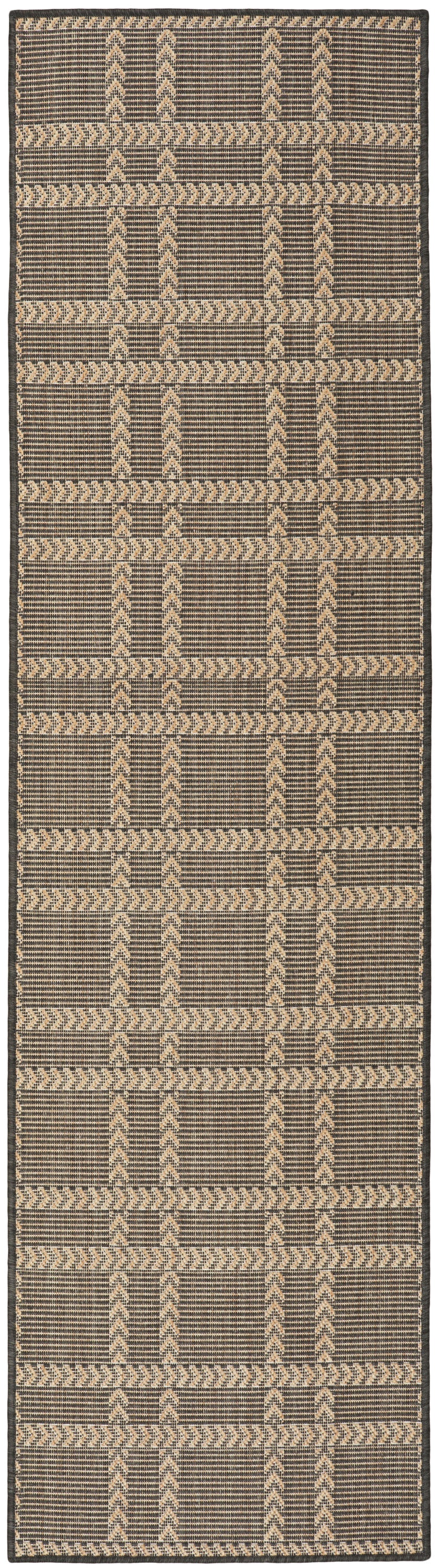 Long woven runner rug in beige and charcoal with geometric chevron and striped grid pattern; natural fiber look.