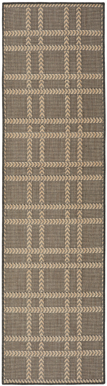 Long woven runner rug in beige and charcoal with geometric chevron and striped grid pattern; natural fiber look.