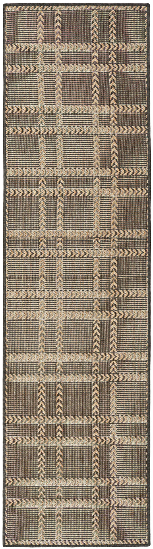 Long woven runner rug in beige and charcoal with geometric chevron and striped grid pattern; natural fiber look.