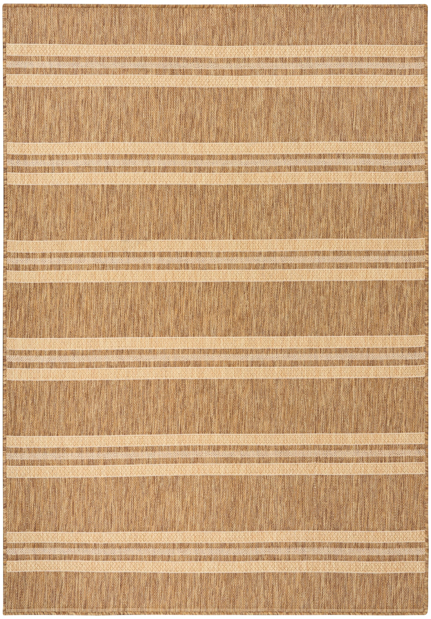 Natural brown woven jute rug with beige horizontal stripe bands and dotted accents.