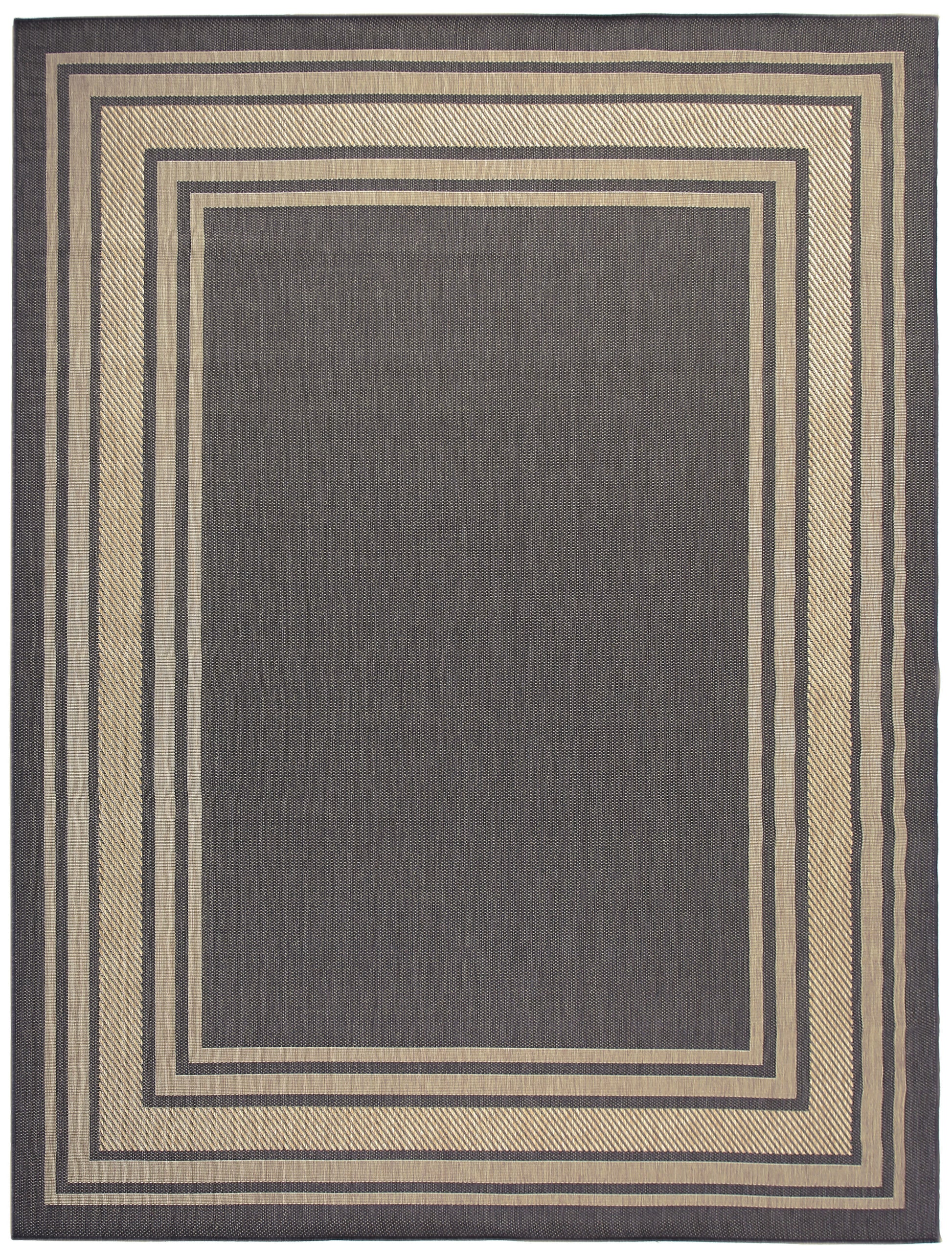 Gray woven rug with beige nested border rectangles; modern geometric style.