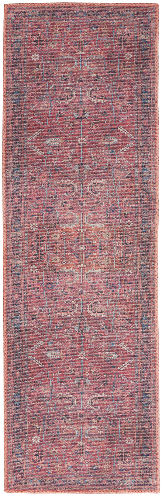 Red Persian-inspired rug with a blue border and faded geometric floral motifs throughout.
