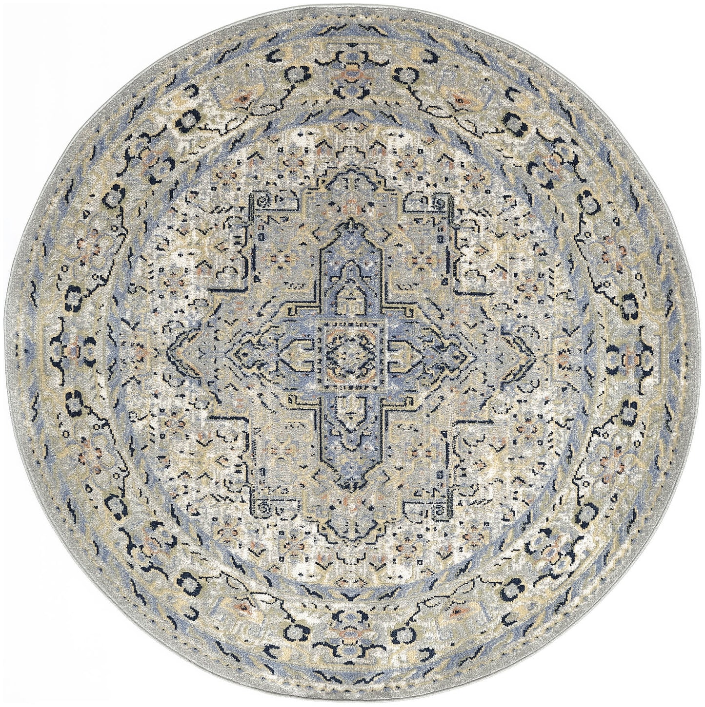 Round blue-gray Persian rug with central medallion, ivory & navy accents, vintage floral border.