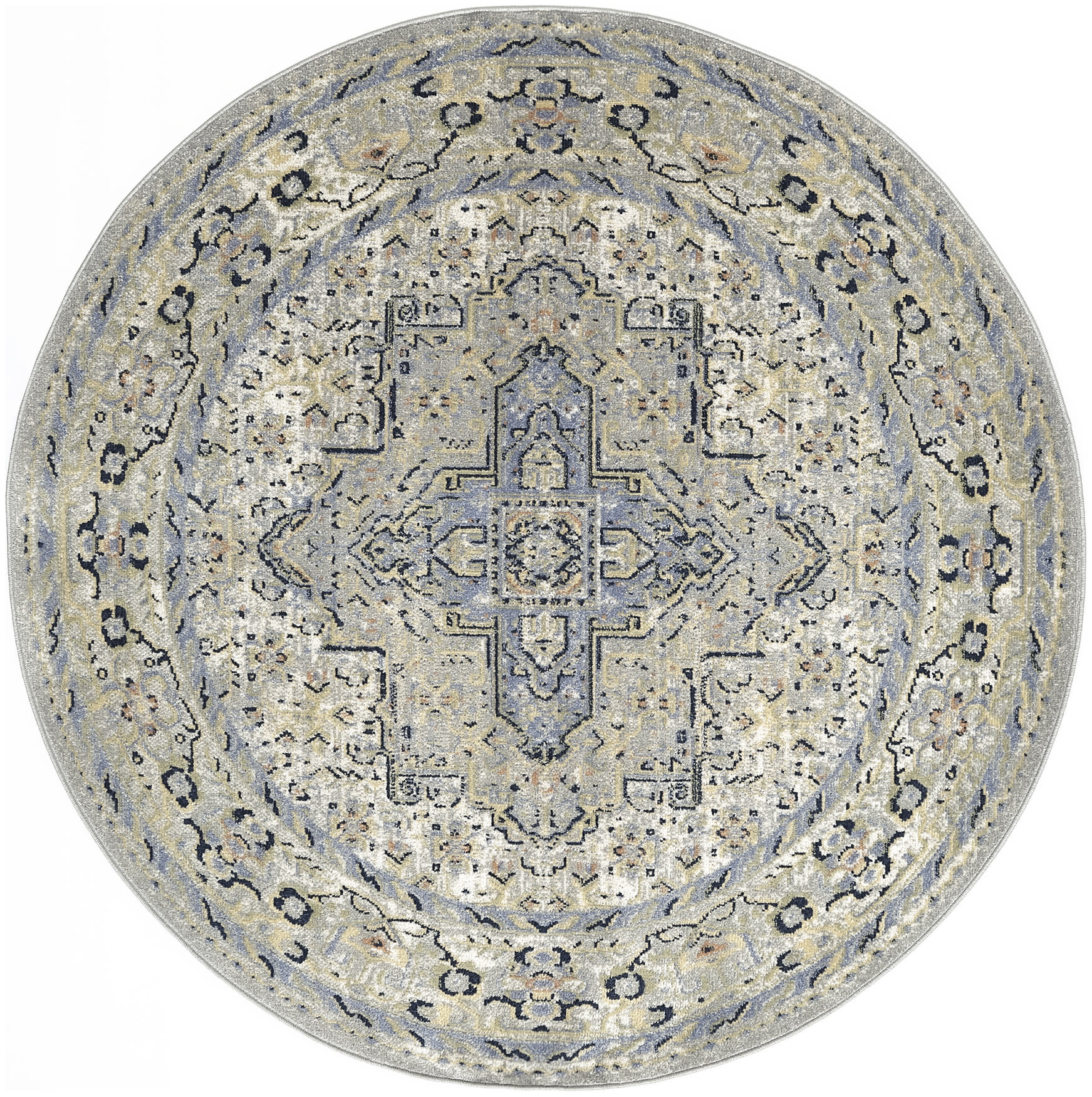 Round blue-gray Persian rug with central medallion, ivory & navy accents, vintage floral border.
