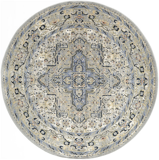 Round blue-gray Persian rug with central medallion, ivory & navy accents, vintage floral border.