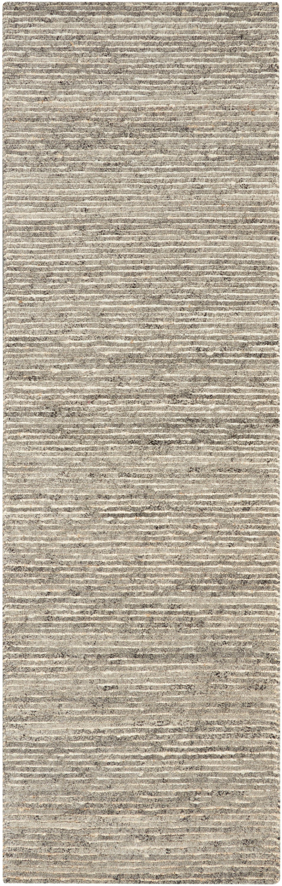 Neutral beige-taupe striped runner rug with woven texture for long hallways.