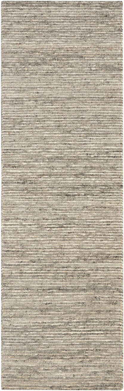 Neutral beige-taupe striped runner rug with woven texture for long hallways.