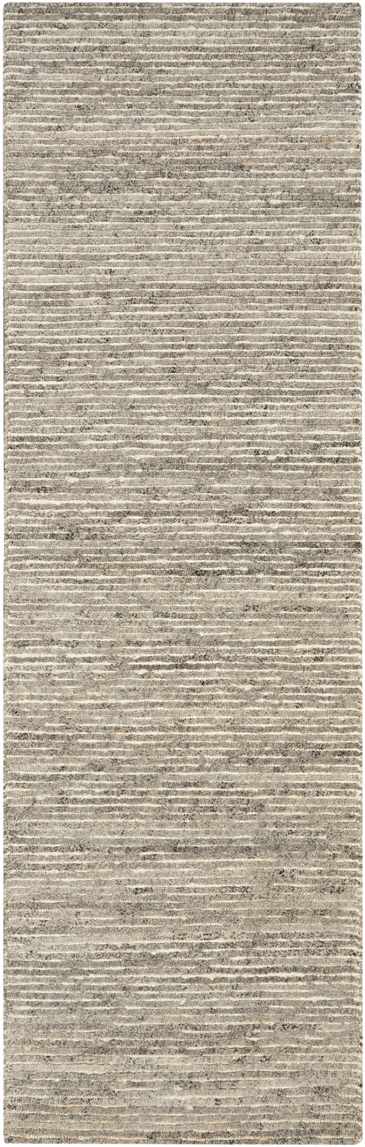 Neutral beige-taupe striped runner rug with woven texture for long hallways.