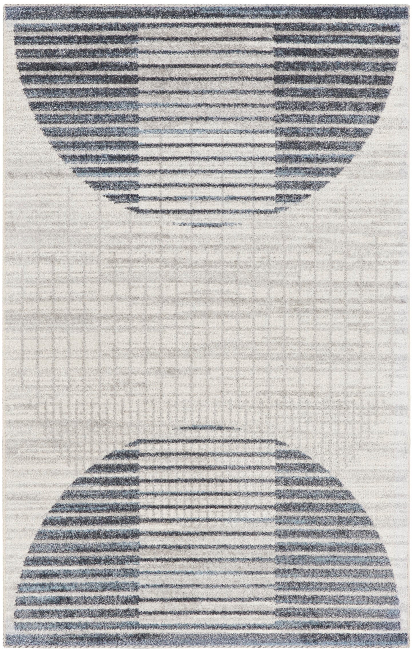 Geometric area rug with two dark-blue semicircles formed by horizontal stripes on a cream backdrop.