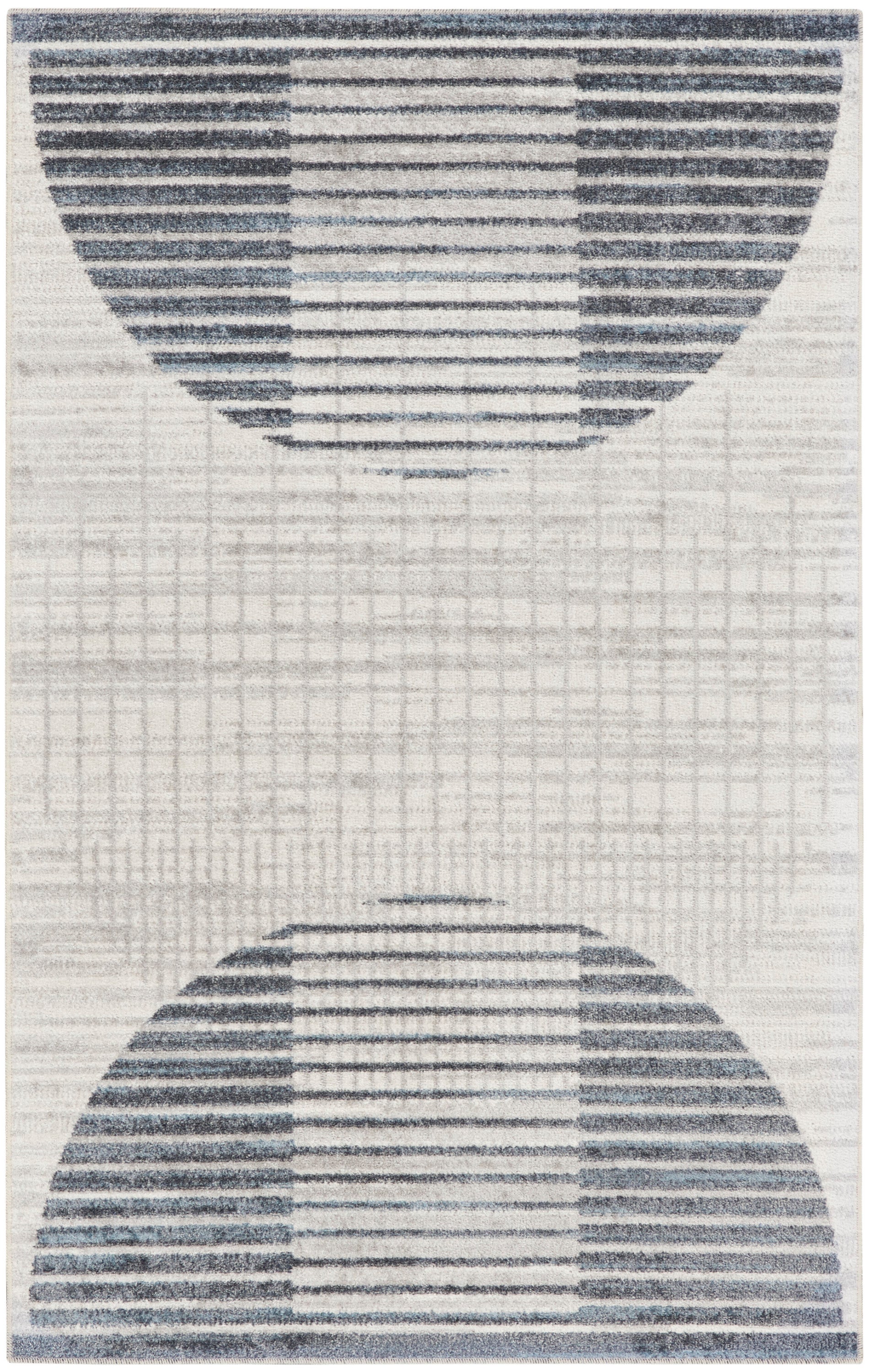 Geometric area rug with two dark-blue semicircles formed by horizontal stripes on a cream backdrop.