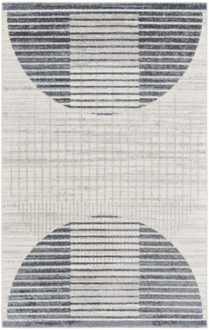 Geometric area rug with two dark-blue semicircles formed by horizontal stripes on a cream backdrop.