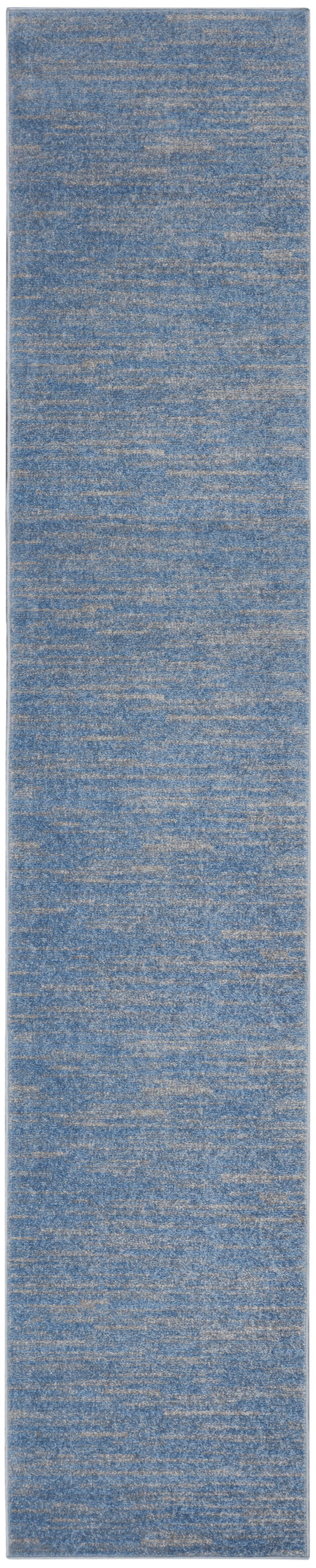 Blue heathered woven runner rug with beige speckles; narrow & long rectangular hallway rug.