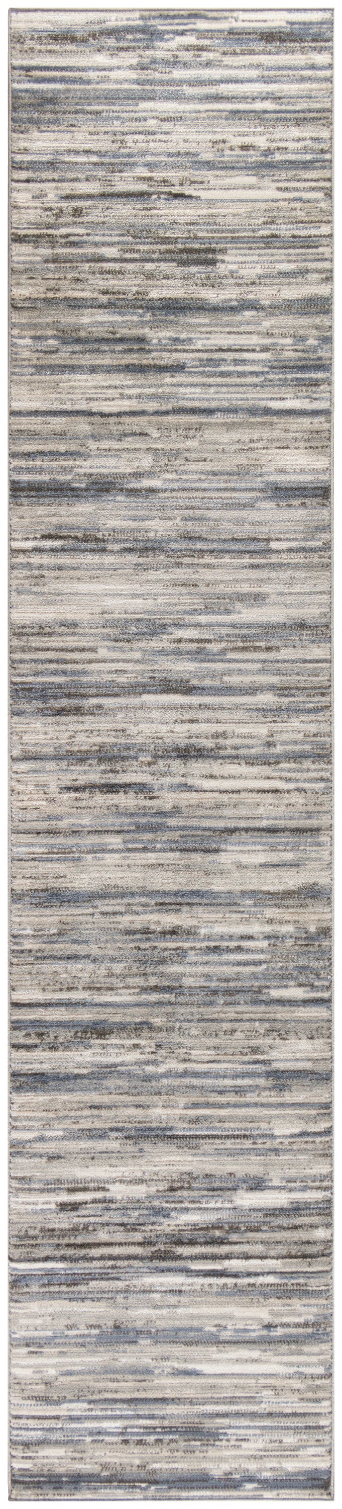 Modern abstract striped runner rug in cool blue-gray and beige tones, low-pile textured.
