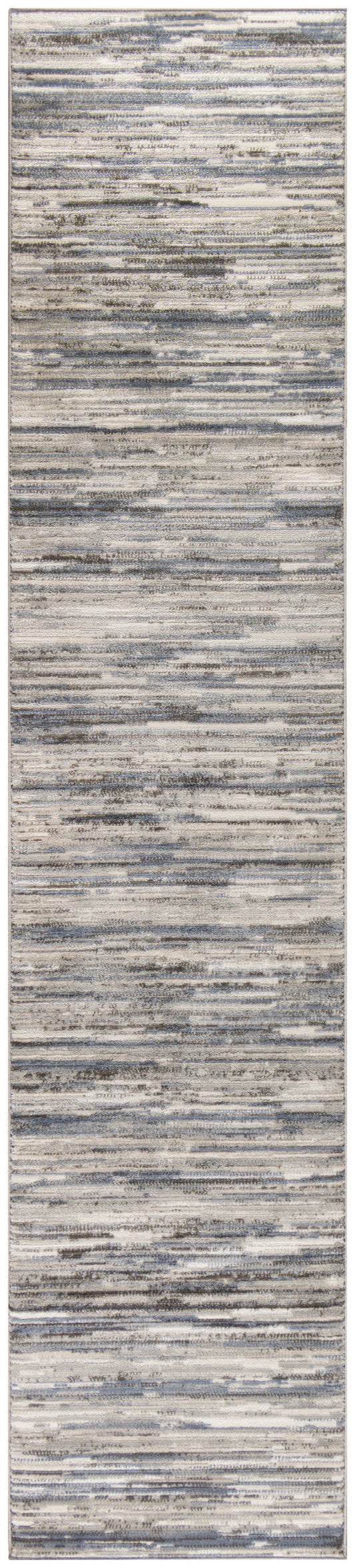 Modern abstract striped runner rug in cool blue-gray and beige tones, low-pile textured.