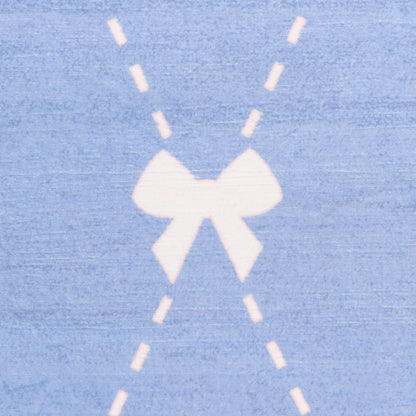 Blue fabric with white central bow and dashed diagonal outline accents.