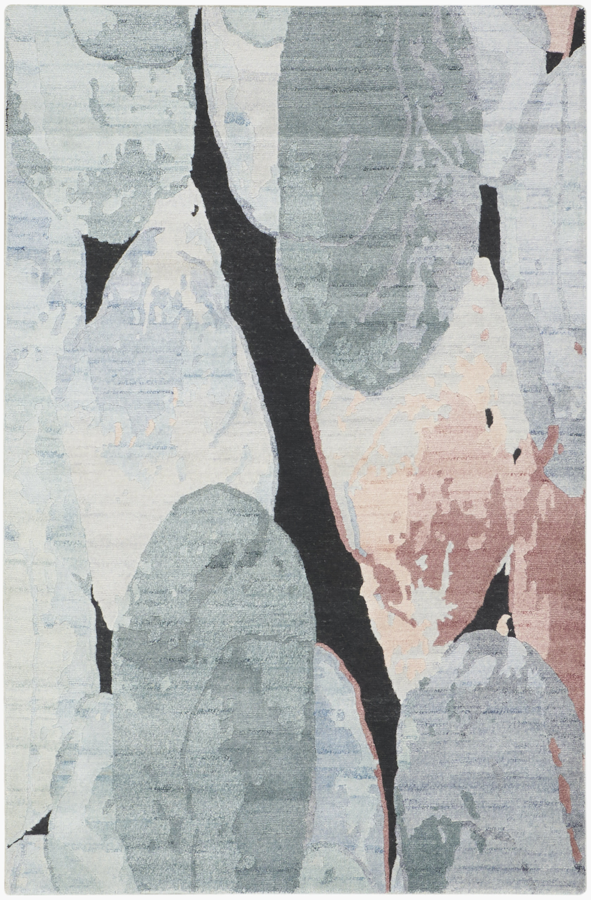 Abstract pastel rug with light blues, teals, blush pinks and black lines; modern abstract pattern.
