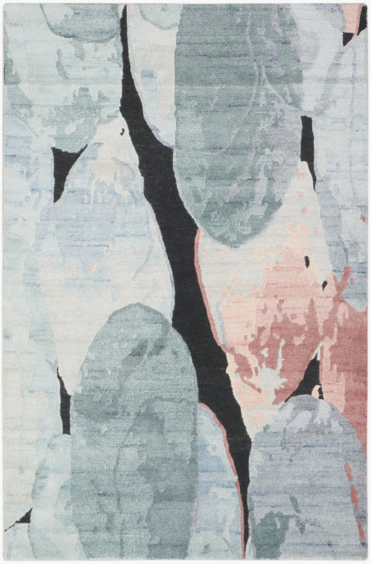 Abstract pastel rug with light blues, teals, blush pinks and black lines; modern abstract pattern.