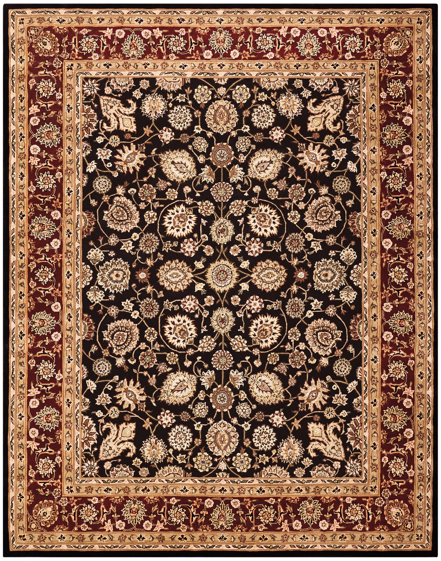 Rectangular Persian-style rug with black central field, ivory-gold floral motifs, and beige, gold, burgundy borders.