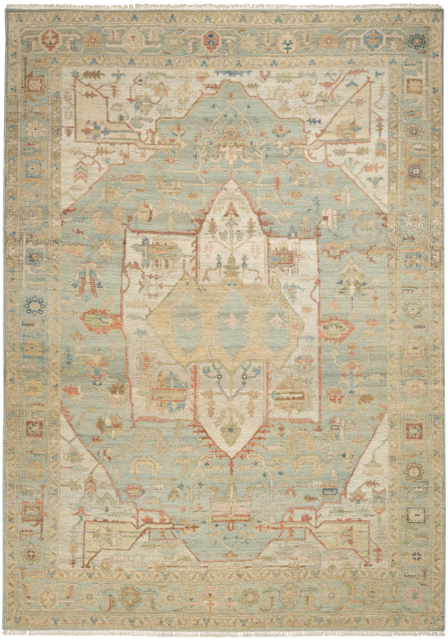 Pastel oriental rug with pale blue and cream tones, central medallion, floral motifs, decorative border and fringed edges.