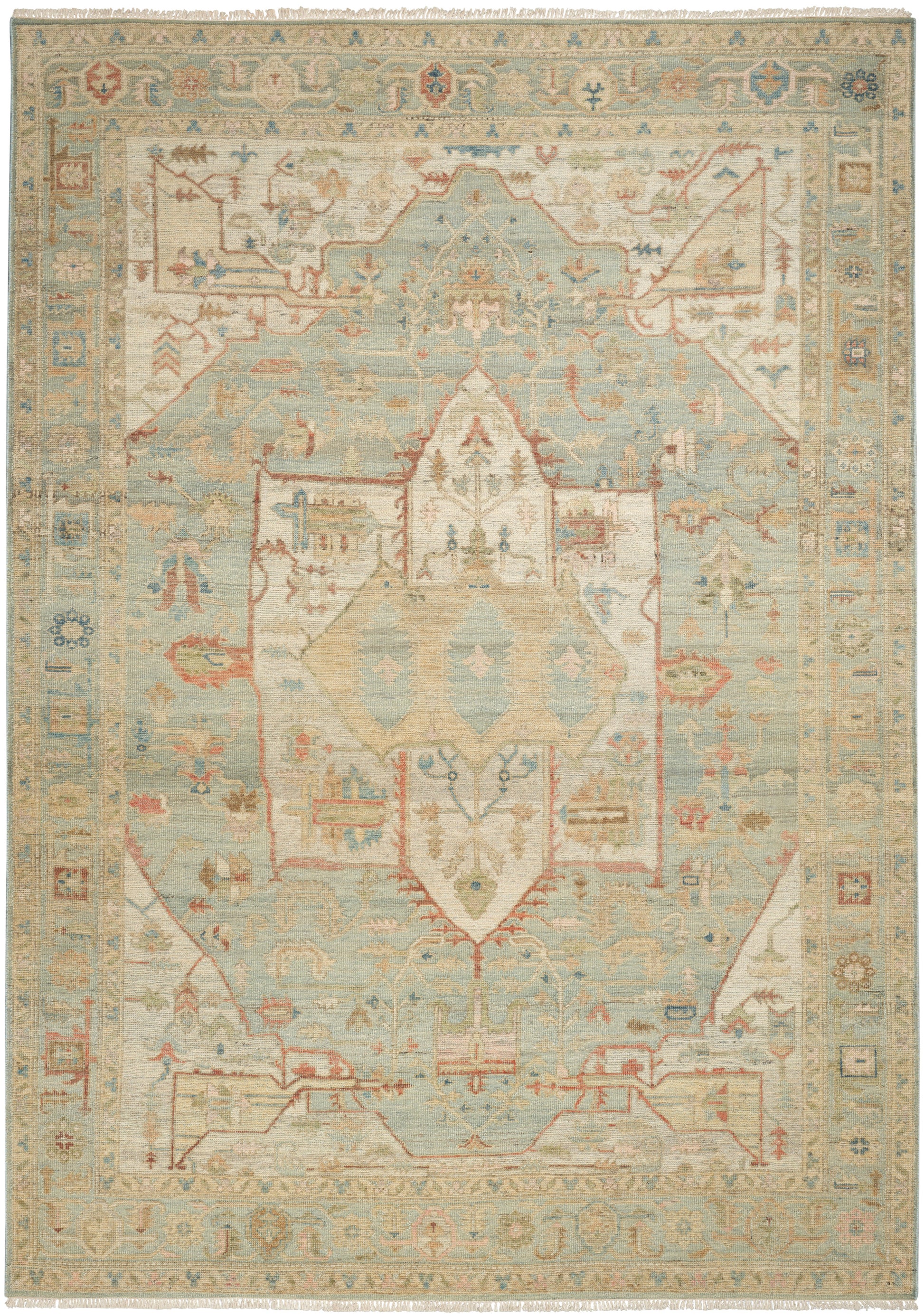 Pastel oriental rug with pale blue and cream tones, central medallion, floral motifs, decorative border and fringed edges.