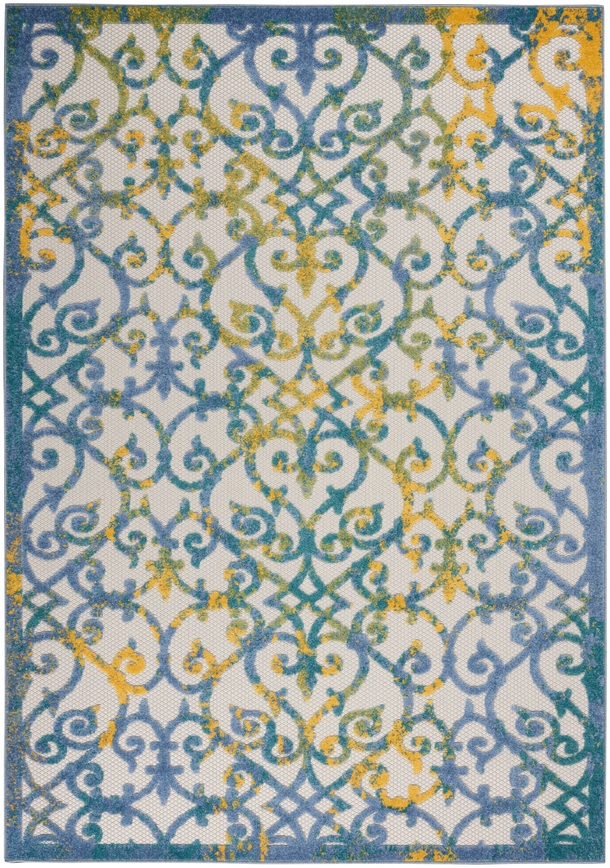 Rectangular area rug with blue, teal & yellow arabesque lattice on white, blue border.