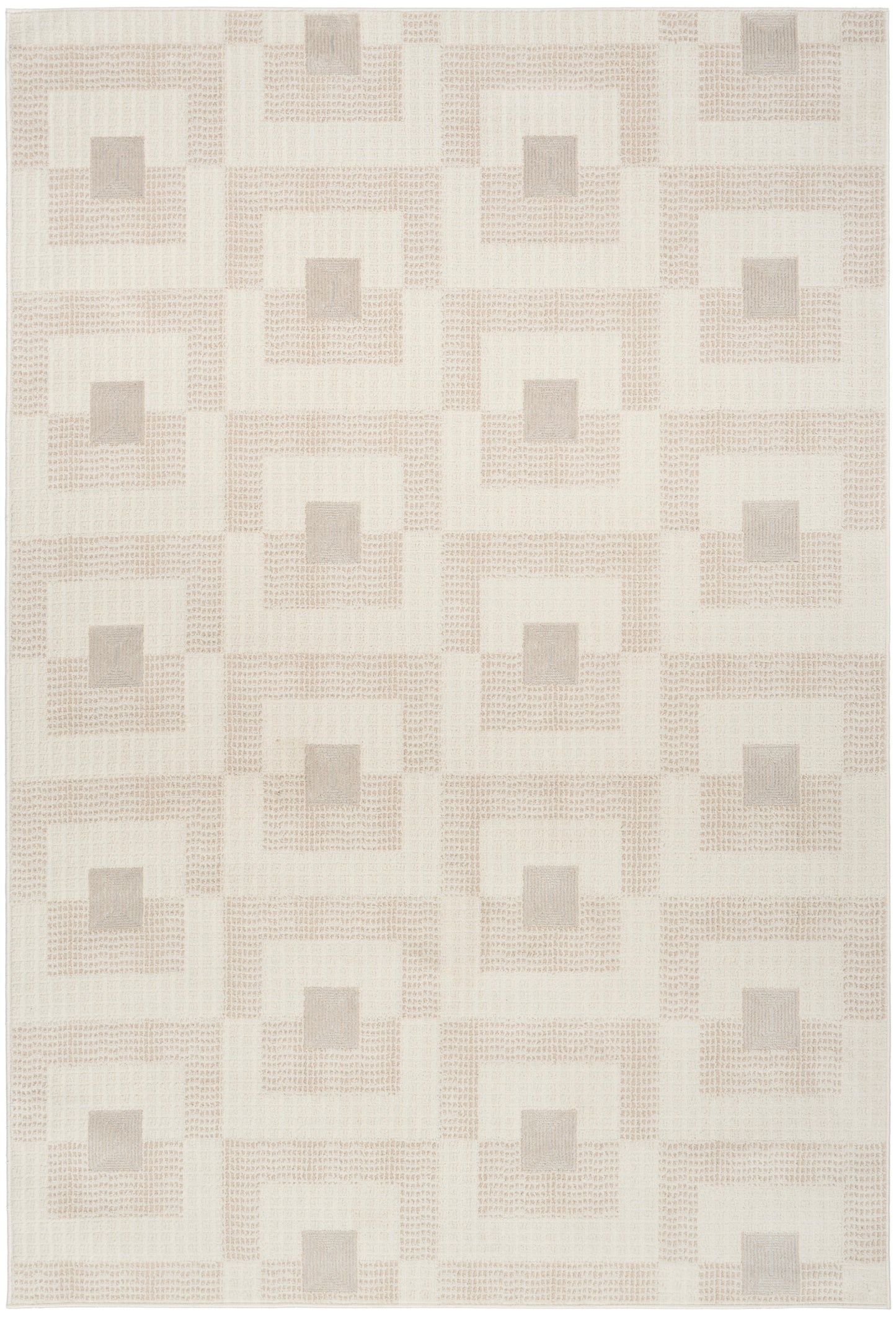 Ivory area rug with repeating square-in-square taupe outlines and gray centers; soft woven texture, modern style.