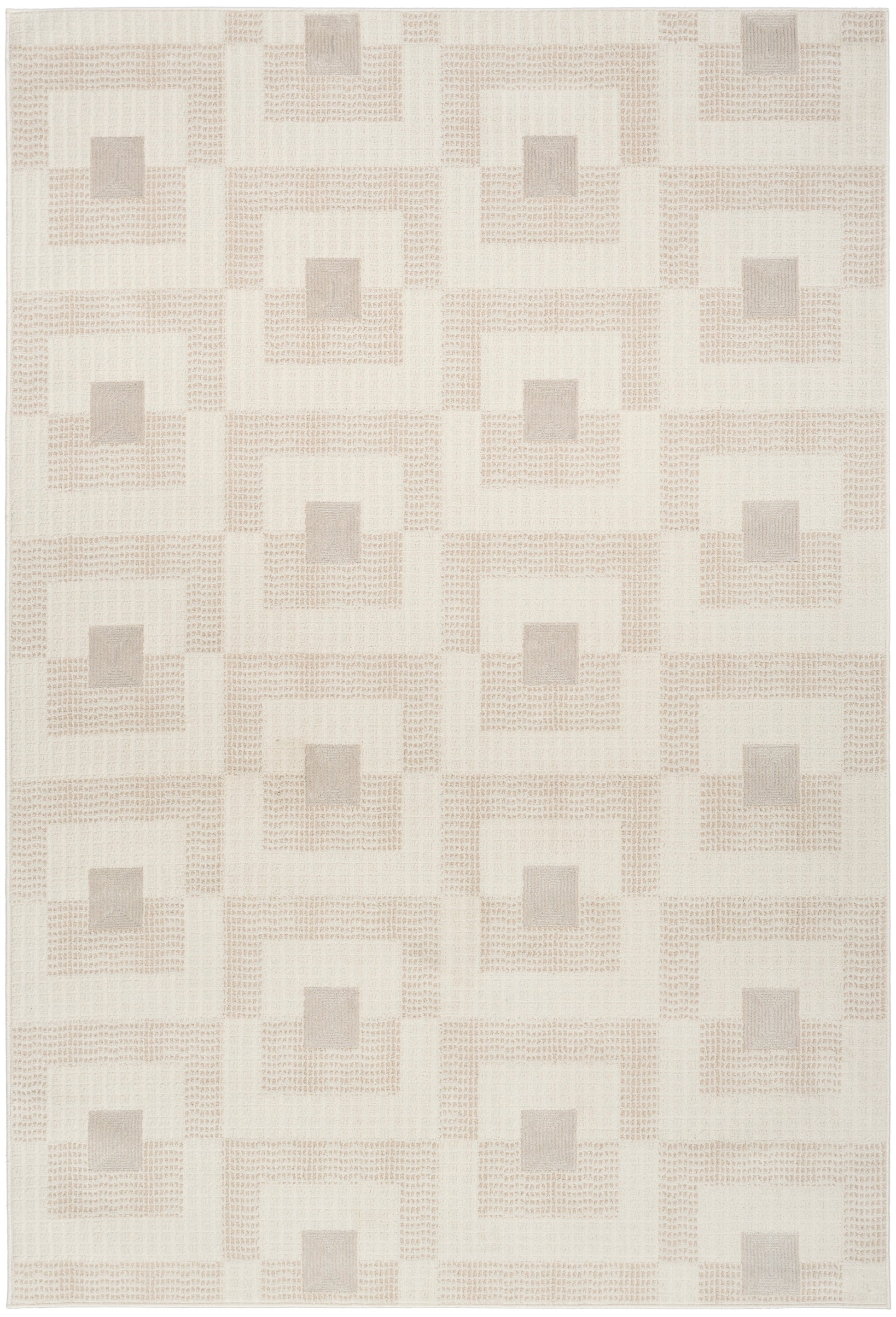 Ivory area rug with repeating square-in-square taupe outlines and gray centers; soft woven texture, modern style.