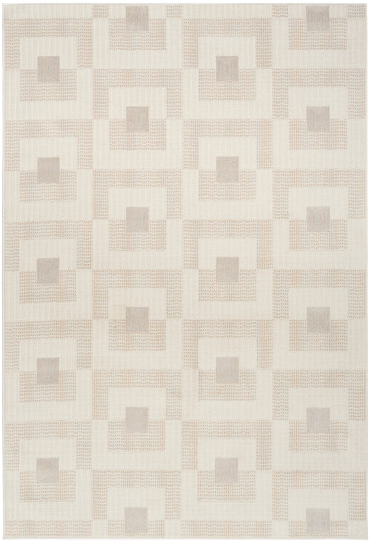 Ivory area rug with repeating square-in-square taupe outlines and gray centers; soft woven texture, modern style.