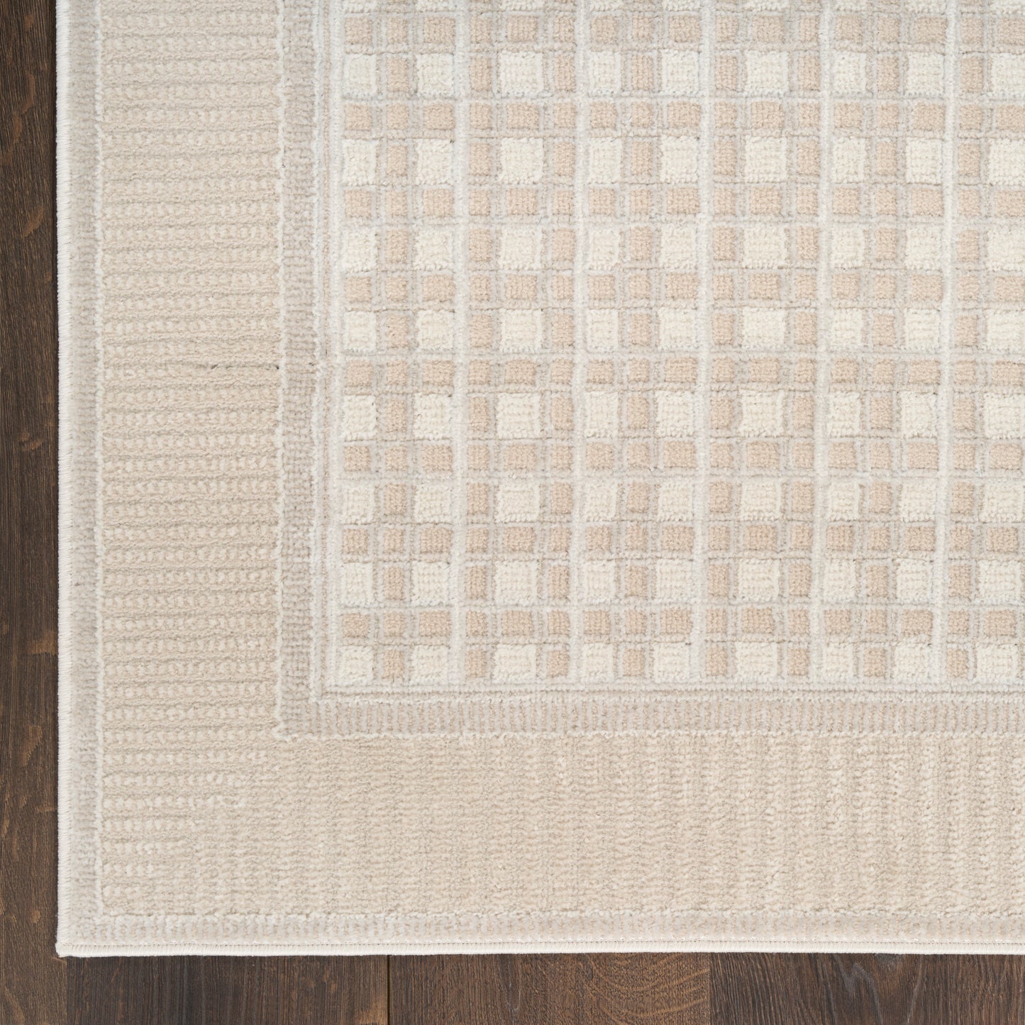 Beige textured area rug with a square grid pattern and ribbed border on dark wood floor.