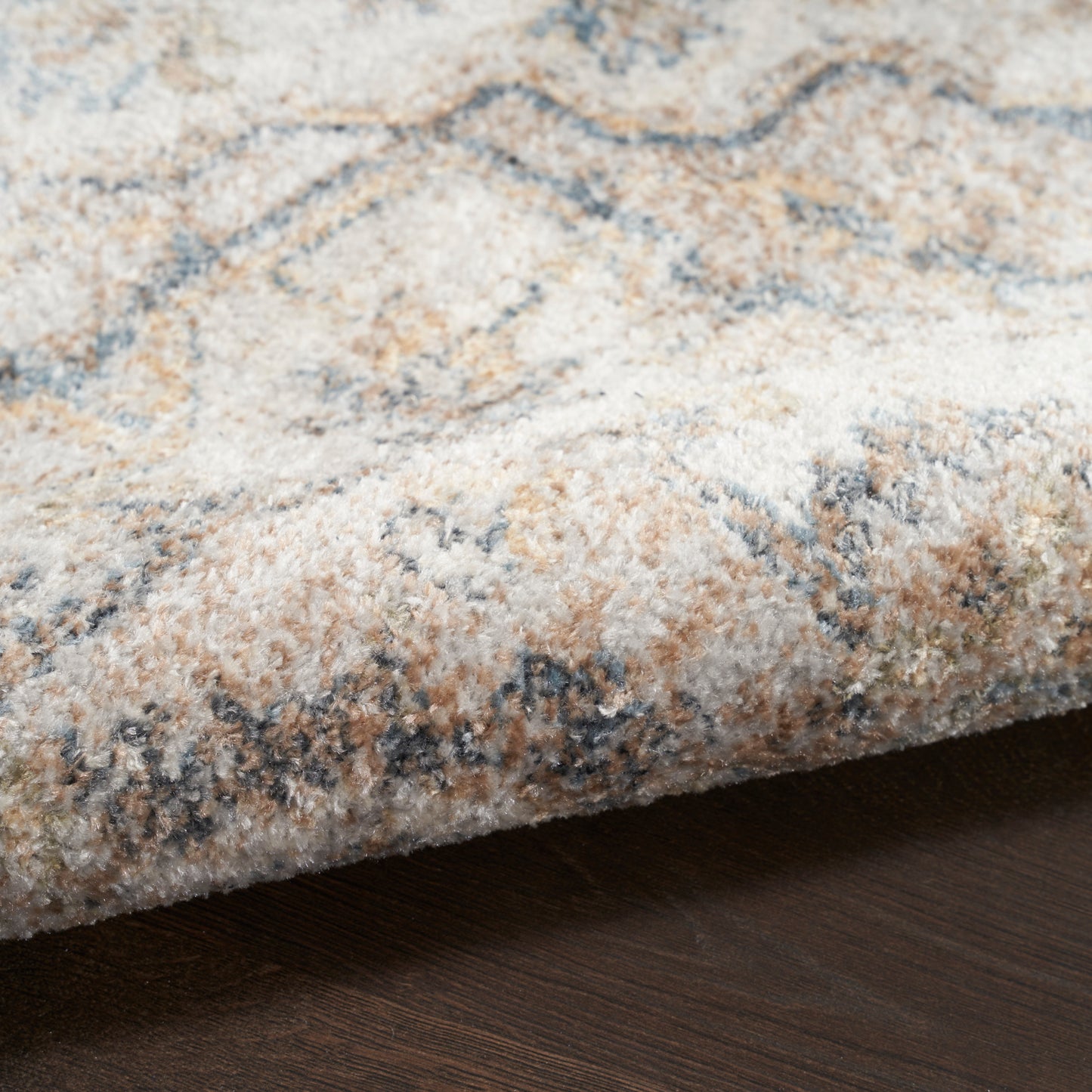Soft patterned area rug with cream & beige & blue tones; plush pile on dark wood floor.