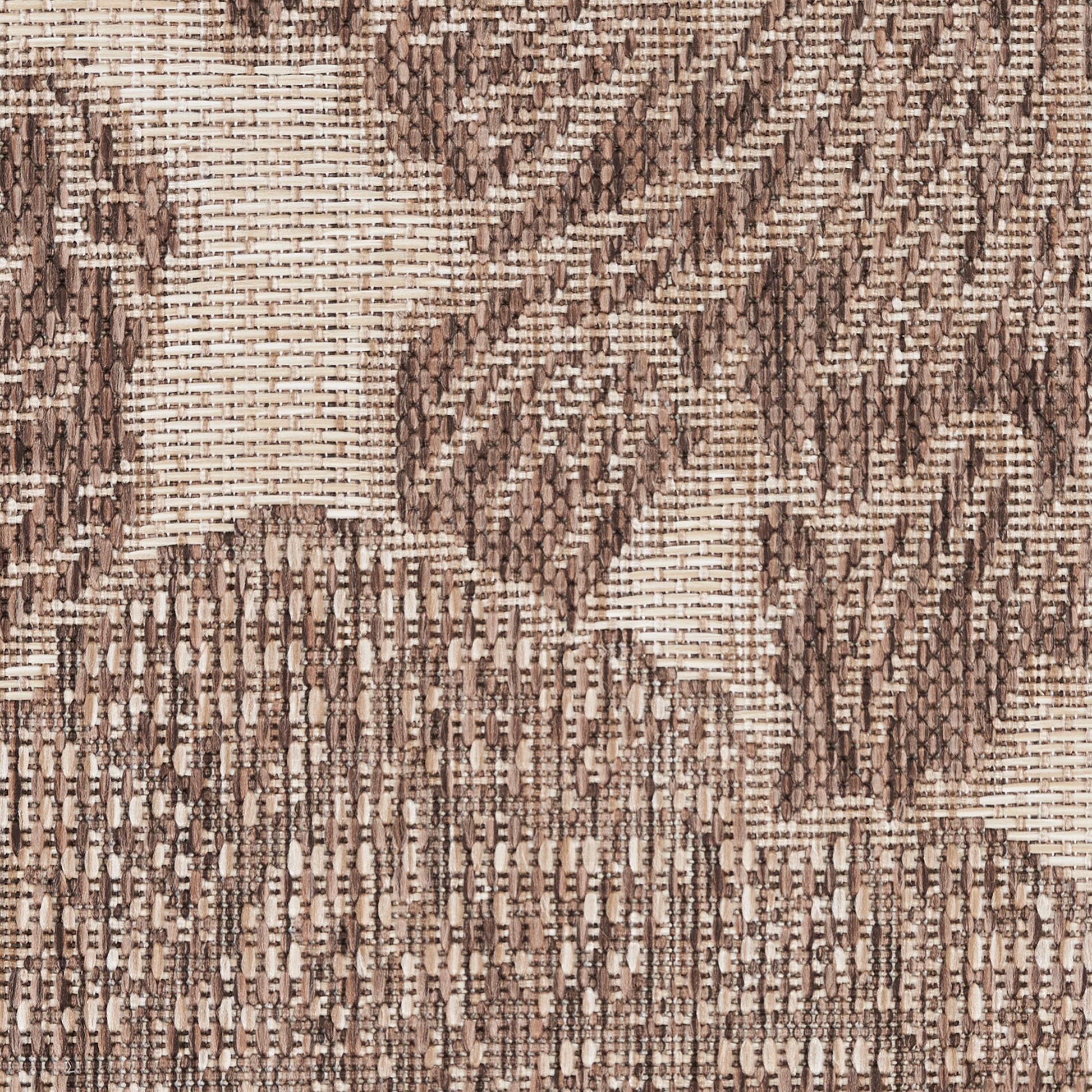 Brown and beige jacquard damask upholstery fabric with leafy motif and woven texture.