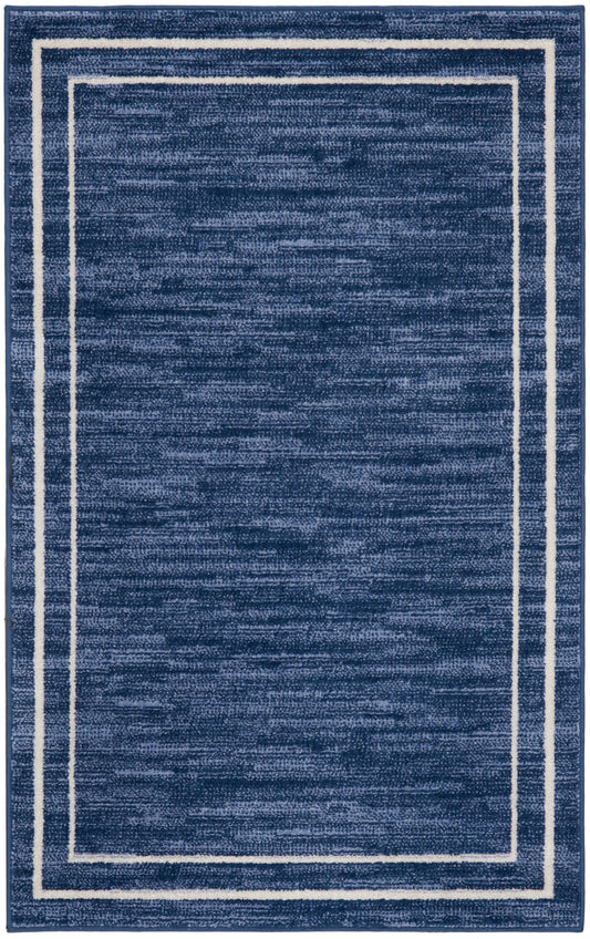 Rectangular navy blue rug with a textured weave and double white border lines along the perimeter.