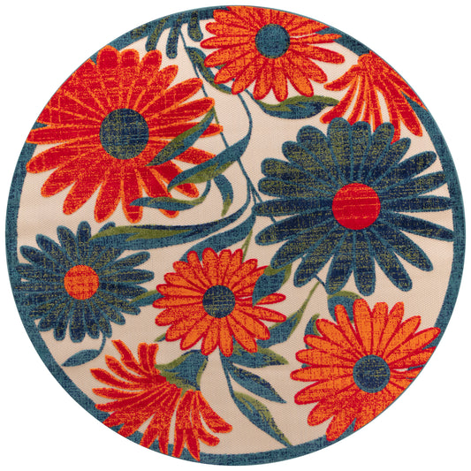 Round floral rug with bold red and blue flowers on a beige background, bordered in teal.