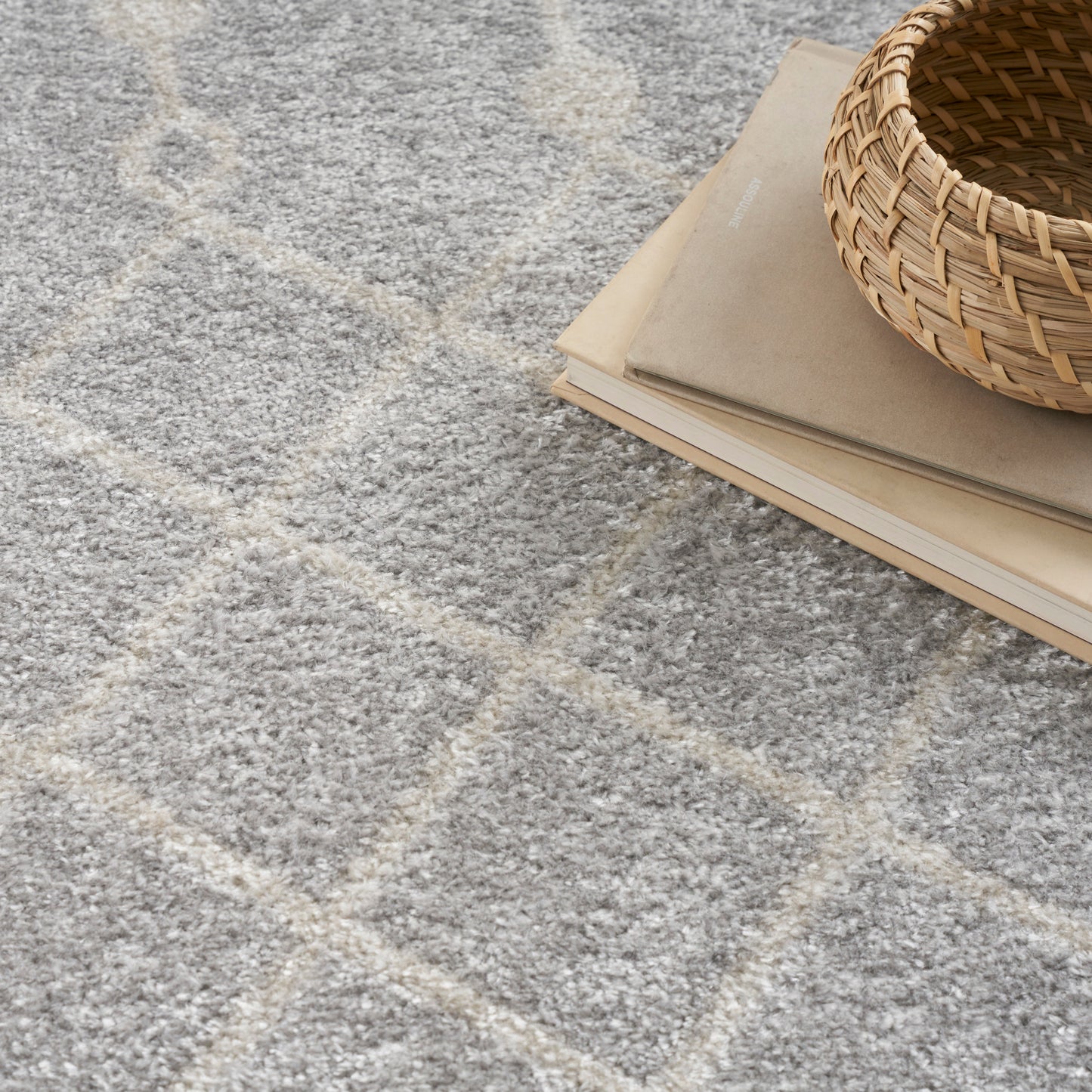 Soft grey shag rug with pale beige diamond lattice, stacked beige notebooks, and a round woven basket.