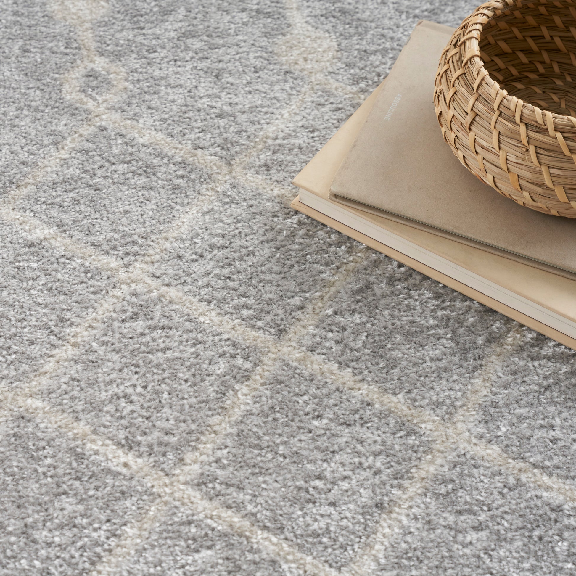 Soft grey shag rug with pale beige diamond lattice, stacked beige notebooks, and a round woven basket.