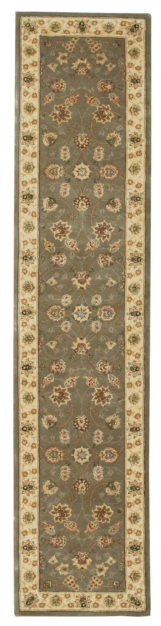 Persian-style runner rug; long rectangular with gray-blue field, cream floral border and repeating motifs; fringed ends.