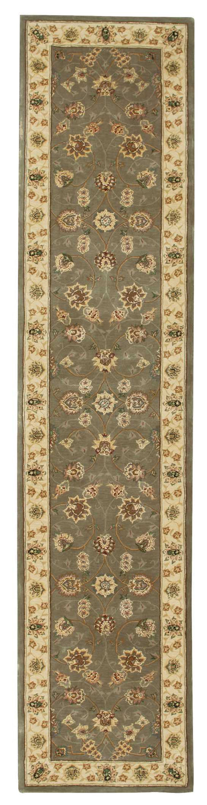 Persian-style runner rug; long rectangular with gray-blue field, cream floral border and repeating motifs; fringed ends.