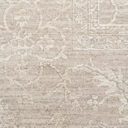 Beige traditional area rug with cream damask scroll pattern; plush, textured pile.