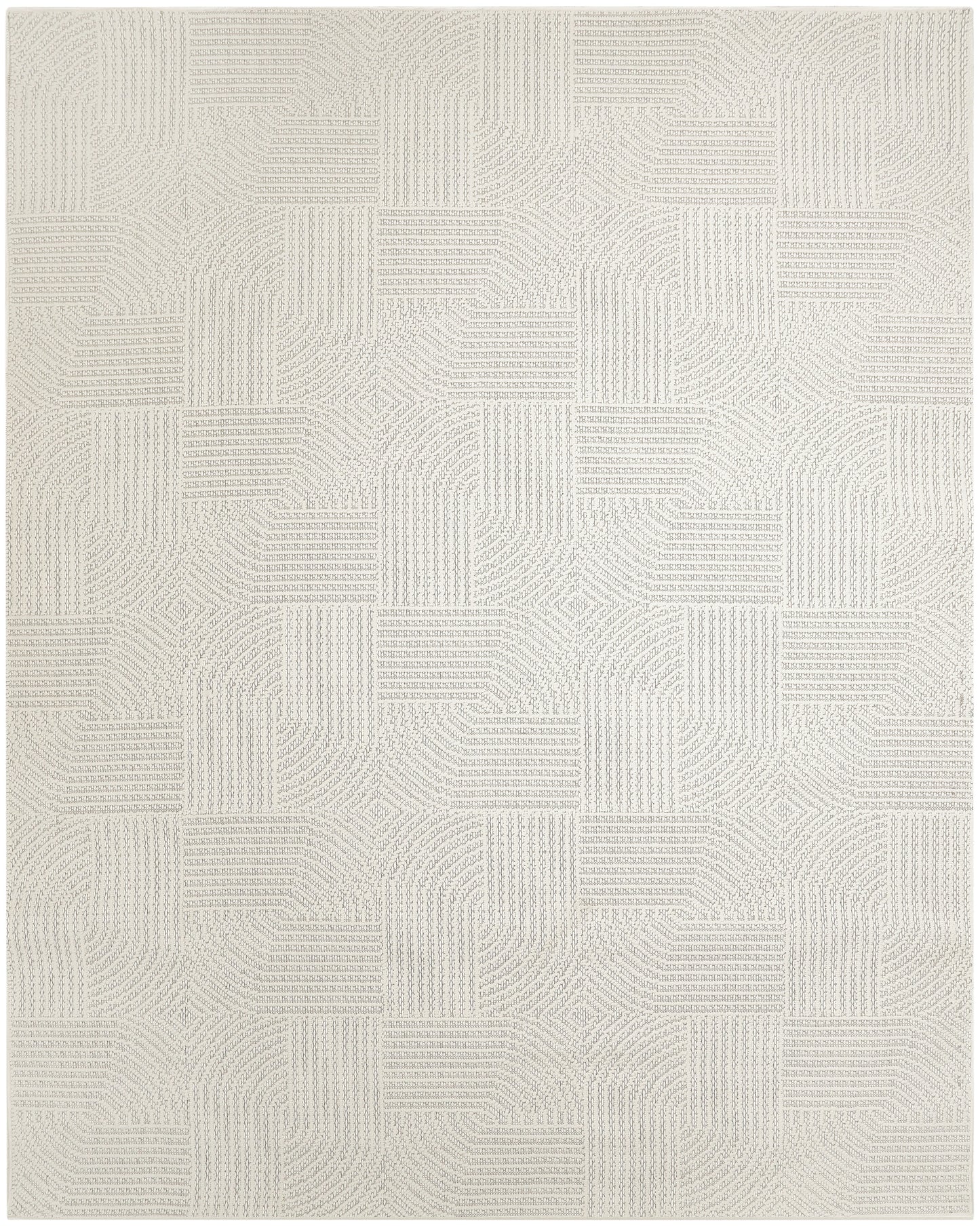 Cream beige rug with patchwork of textured linear squares; flat-weave, modern geometric decor for living room