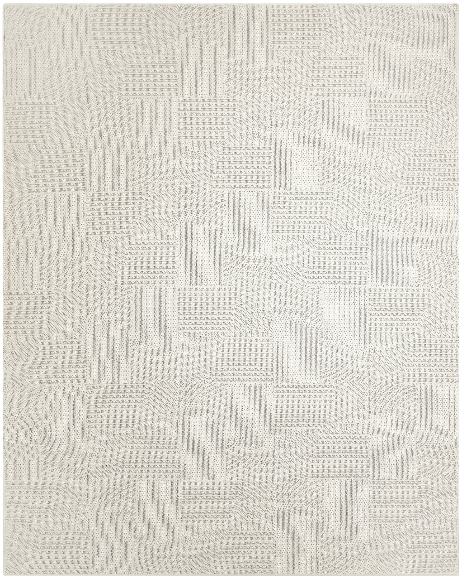 Cream beige rug with patchwork of textured linear squares; flat-weave, modern geometric decor for living room