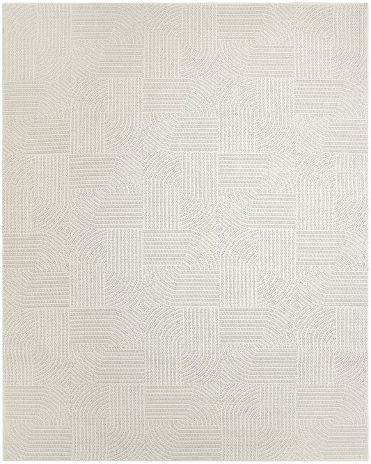 Cream beige rug with patchwork of textured linear squares; flat-weave, modern geometric decor for living room