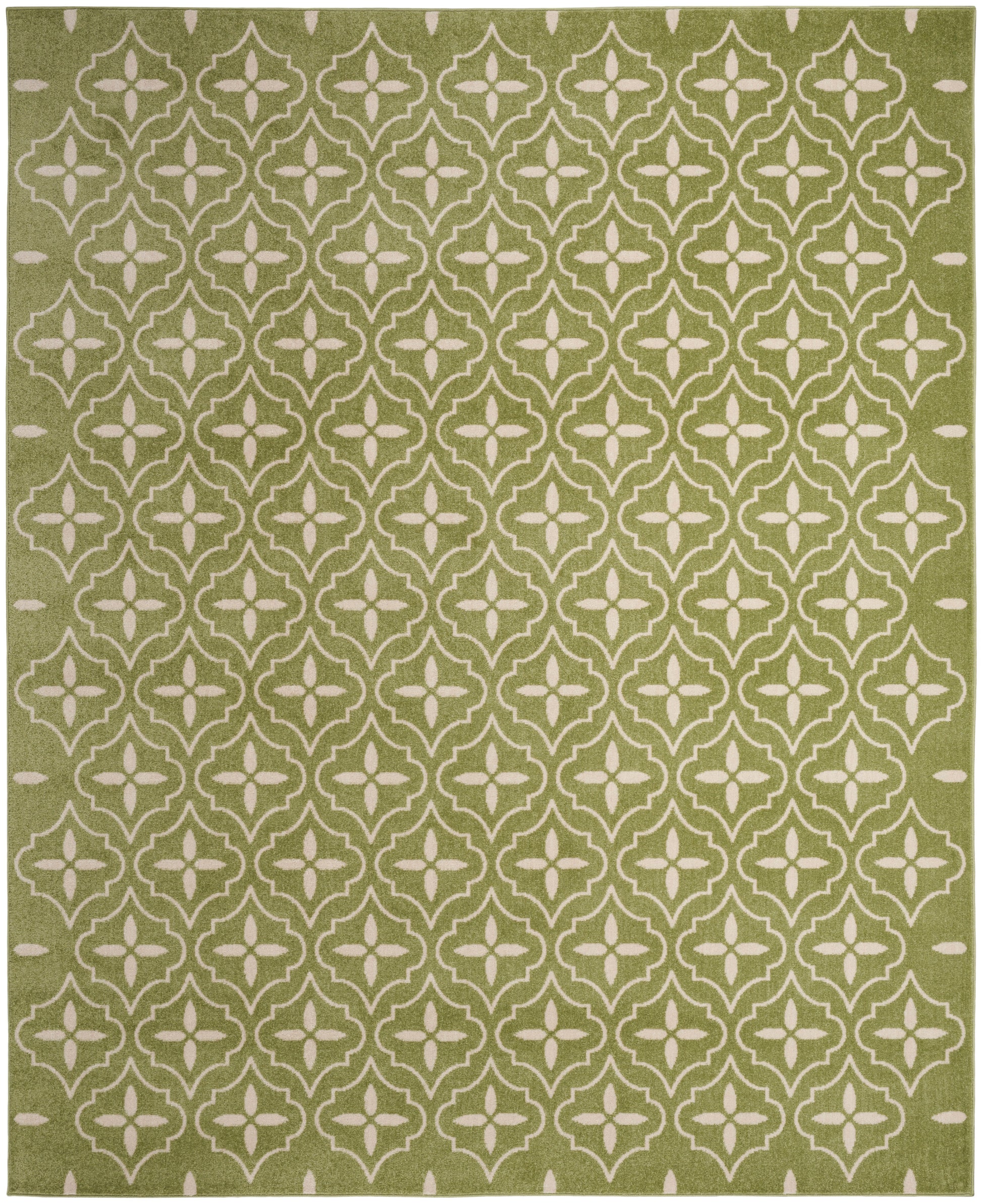 Olive green area rug with cream lattice quatrefoil motif; contemporary Moroccan-inspired rectangular rug.