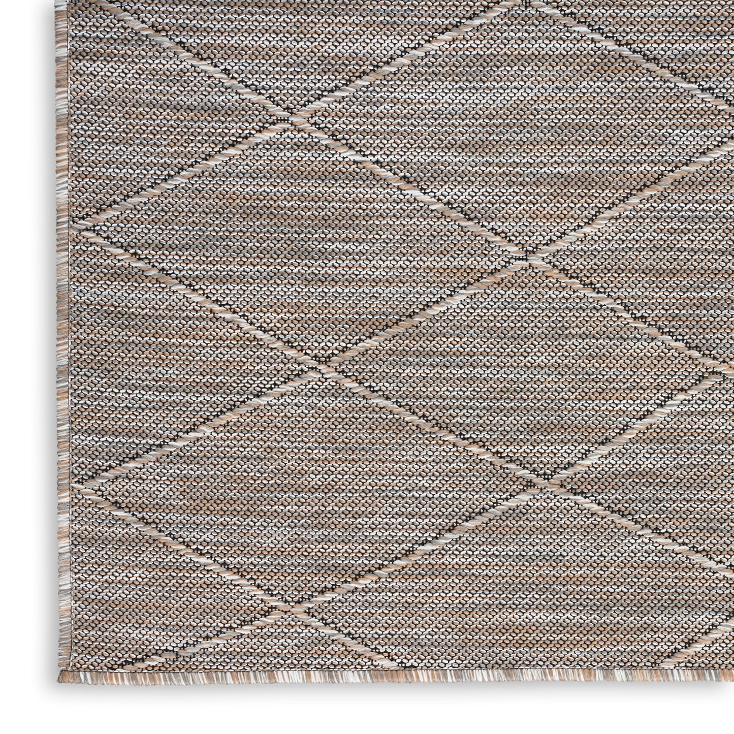 Beige woven area rug with taupe diamond lattice pattern and short fringe along the edges.