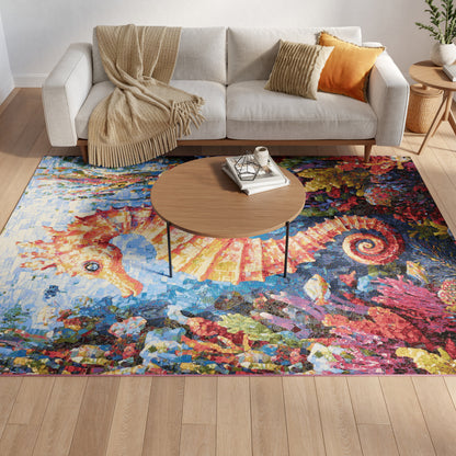 Cozy living room with light beige fabric sofa, beige knit throw, colorful abstract area rug, round wooden coffee table.