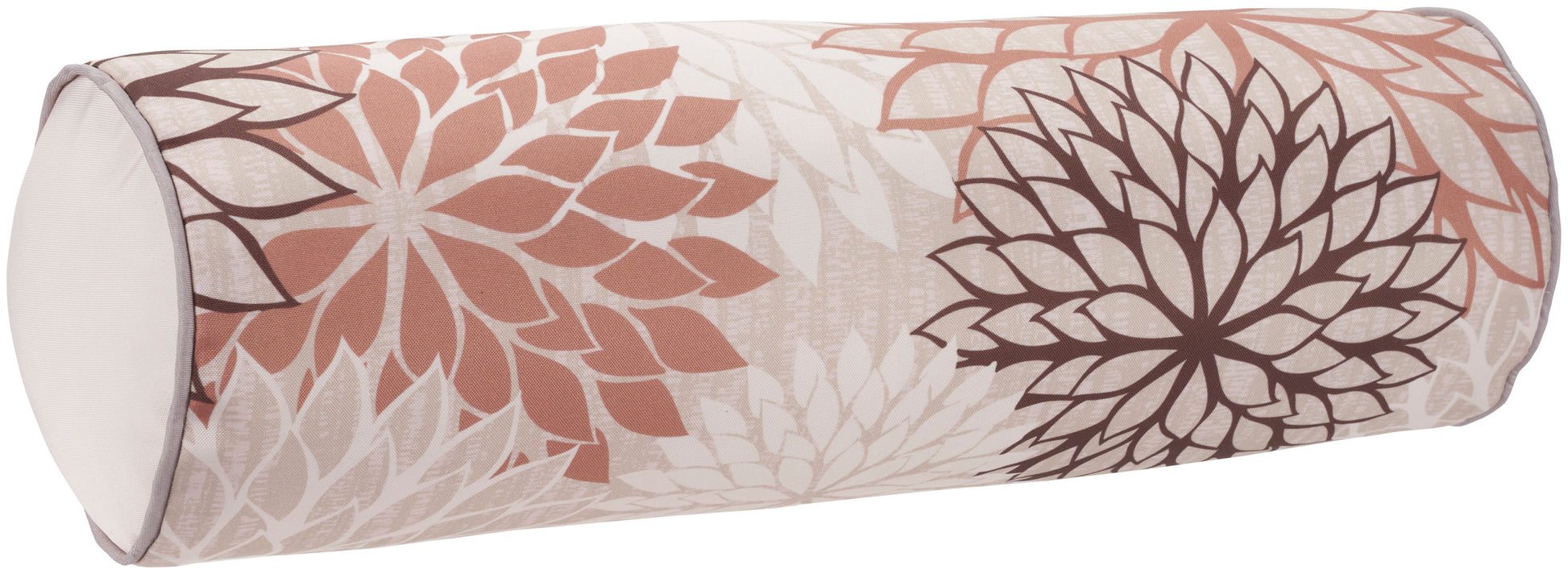 Cylindrical bolster pillow with large floral print in peach, ivory, pink and brown; decorative sofa/bed cushion.