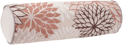 Cylindrical bolster pillow with large floral print in peach, ivory, pink and brown; decorative sofa/bed cushion.
