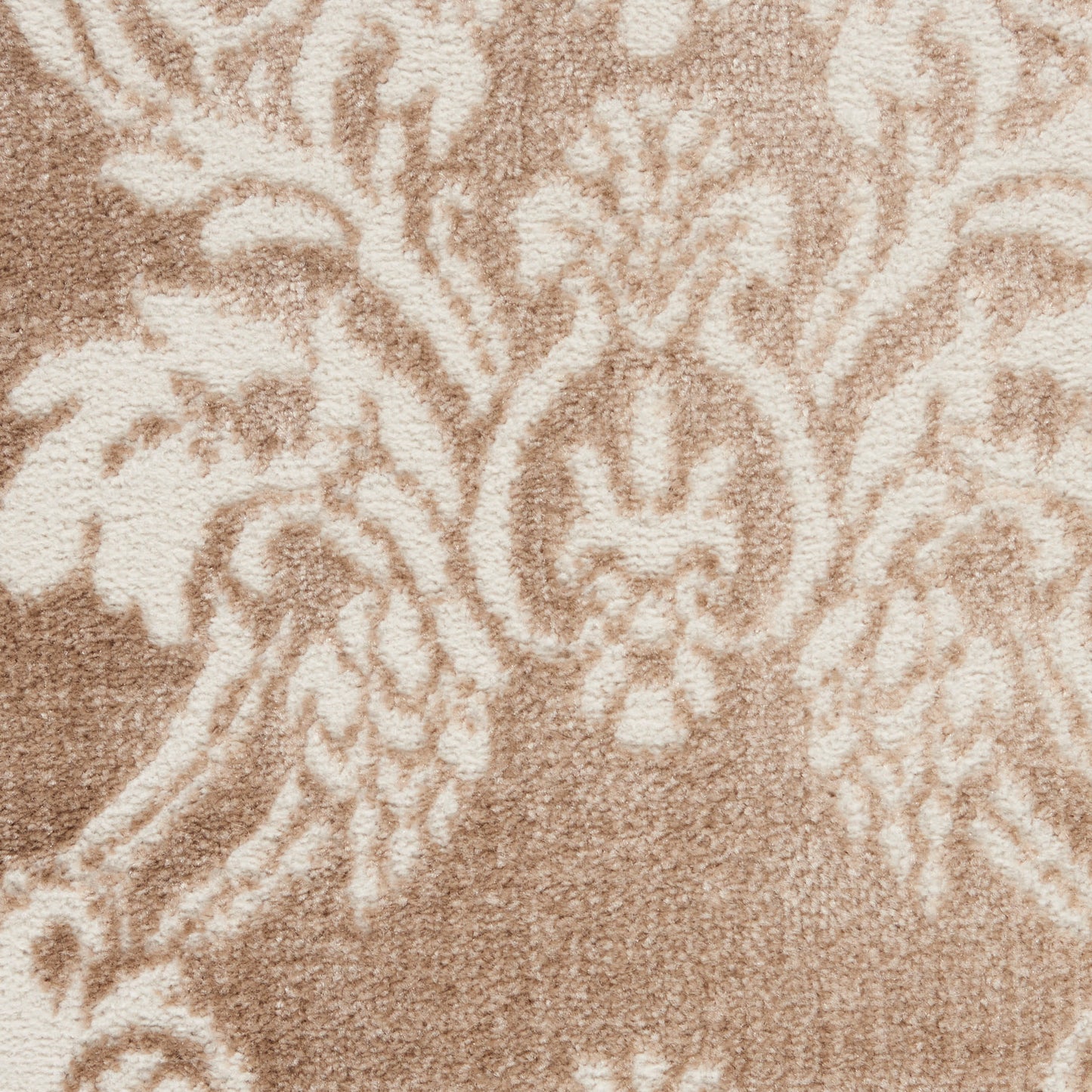 Beige-brown damask patterned rug, plush textile with ornate floral motif; classic elegant floor decor; size 5' x 7'.