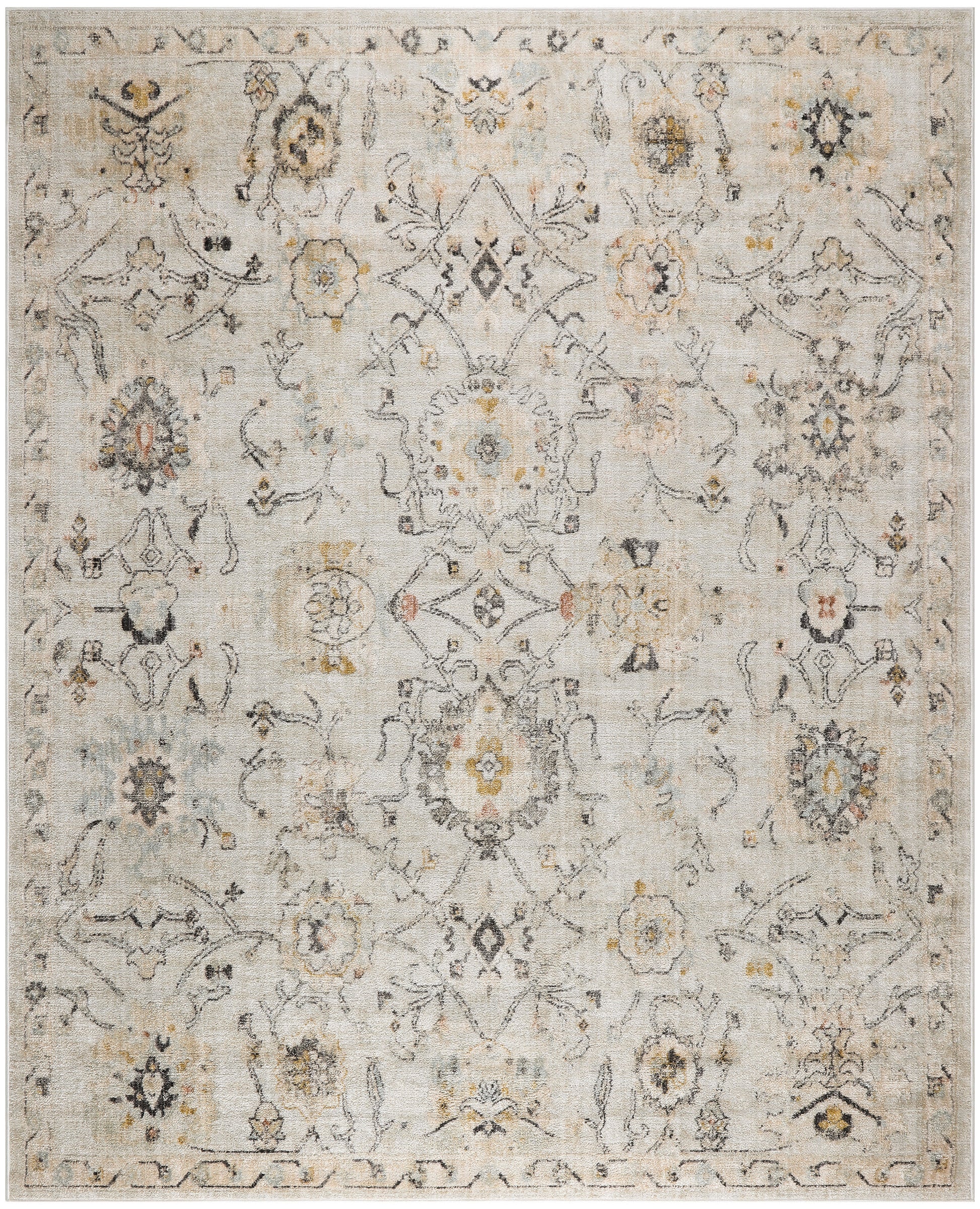 Rectangular distressed Persian-style area rug with ivory-beige base and faded blue yellow floral medallions; vintage charm