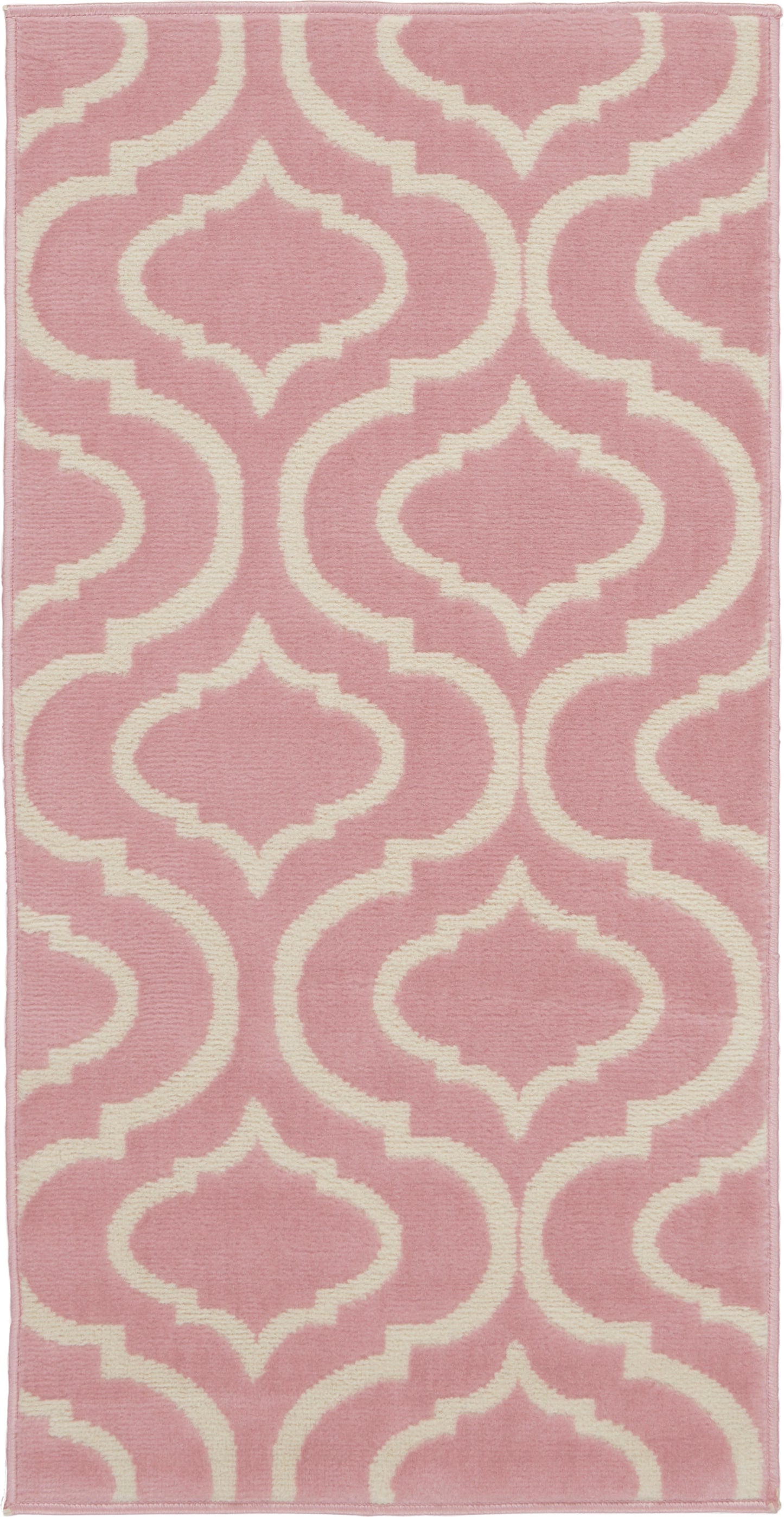 Pink rectangular rug with cream trellis lattice pattern; soft, textured textile.